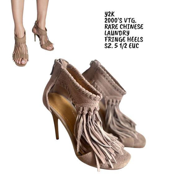 Y2K 2000'S VINTAGE CHINESE LAUNDRY TAN SUEDE FRINGE HEELS SZ. 5 1/2 - Picture 1 of 8